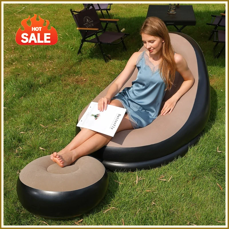 Lazy Couch Sofas Inflatable Chair Foldable Recliner Outdoor Sofa Bed Footstool Portable Folding Air Bed Lunch Lounge Chair Set
