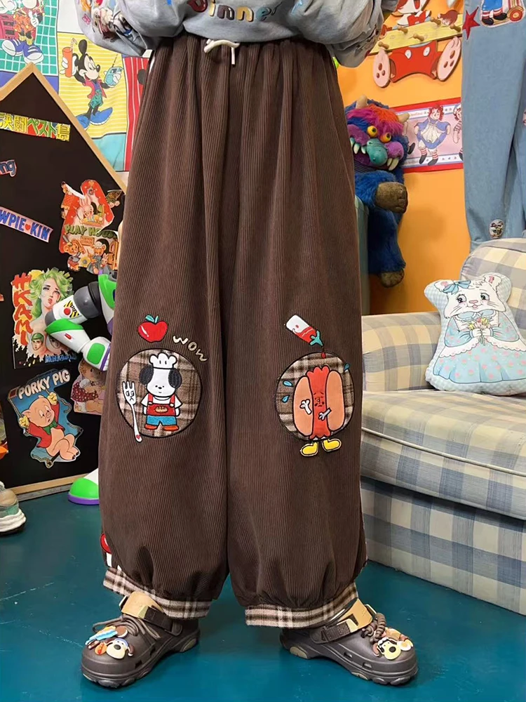 

Vintage Corduroy Wide Leg Pants Women Autumn Loose Cartoon Embroidery Patchwork Casual Pants Y2K Sweet Preppy Stripes Trousers