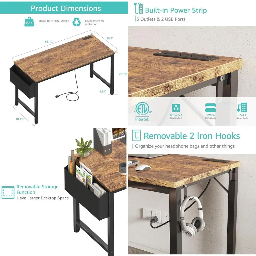 Brown 55 Study & Home Office Desk with Built-In Power Outlets for Computer Workstations