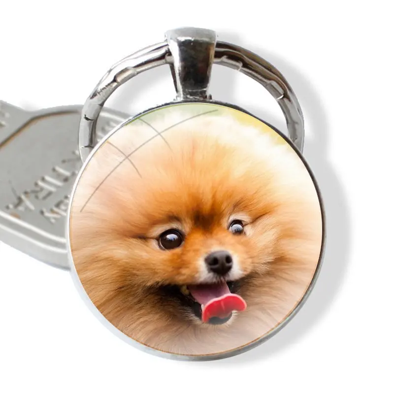 Pomeranian dog Cartoon Creative Design Fashion Keychain Handmade Glass Cabochon Key Ring Holder Pendant Key Chains