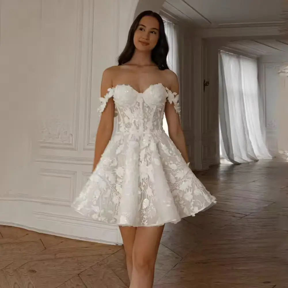 

Straps Sweethat Full 3d Flower Lace Appllque Short/Mini Wedding Dresses Custom Made Bridal Grown Vestido De Noival
