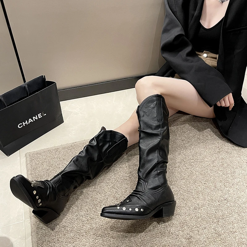 Women's Shoes  High Quality Rivet Women's Boots Fashion Slip-on Modern Boots Women Pointed Toe Square Heel Knee-High Zapatos