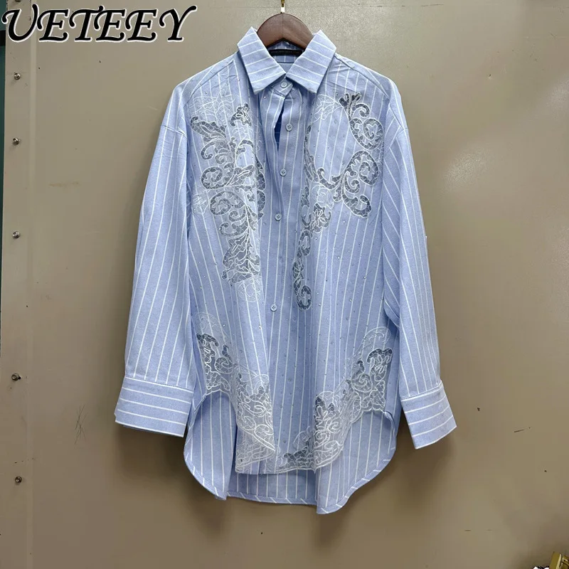 

Niche New Embroidery Flower Hot Diamond Long-sleeve Shirt Lace Splicing Striped Blouse Women Spring Summer New Camisa Feminina