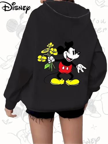 Imagen 2 del producto Autorización de Disney - Sudadera con capucha informal con cremallera para mujer, estampado de patrón romántico de ramo de primavera de Mickey de Disney, diseño con cremallera frontal