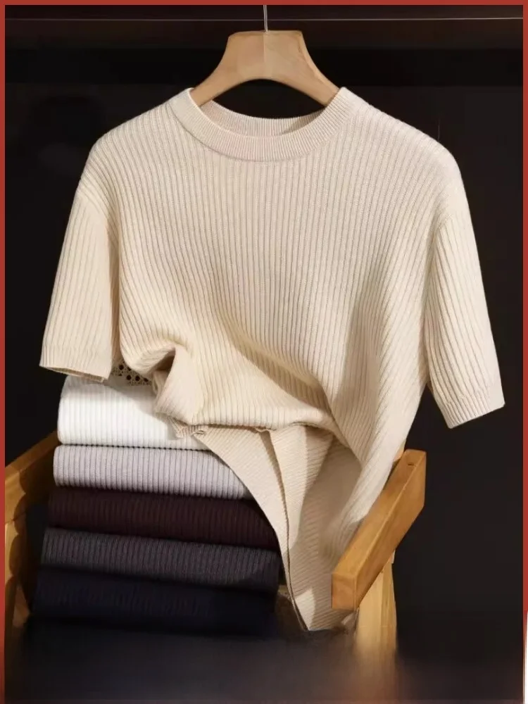 

Новая осенне-зимняя мужская трикотажная футболка ort Sve, тяжелая рекомендация, текстура в вертикальную полоску, модная повседневная футболка-стойка...