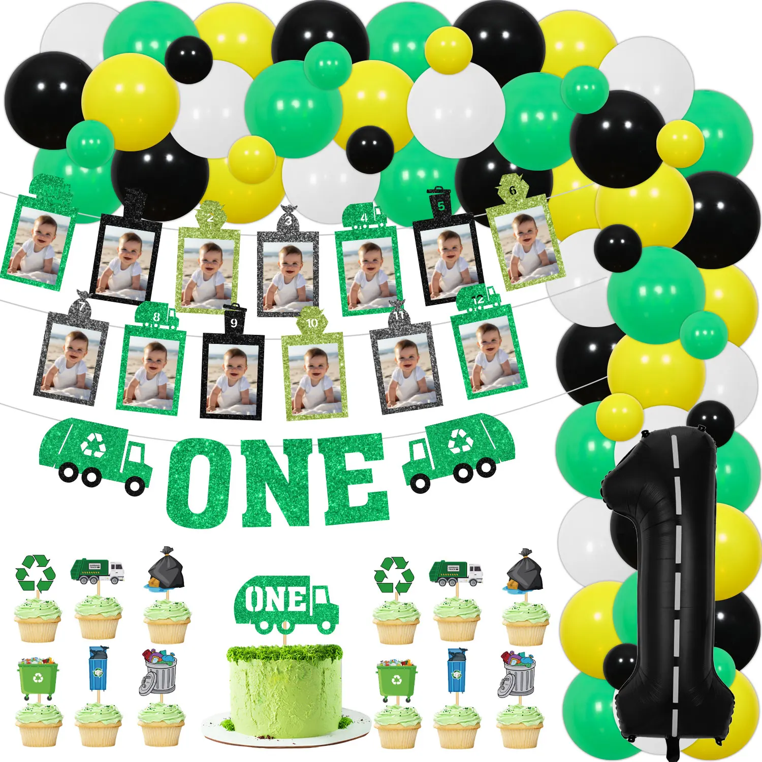 Garbage Truck Theme 1st Birthday Party Decor Sweet One Banner Cake Topper Garland Arch Kit for Boy 1st Birthday Party Supplies