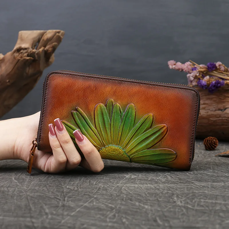 Flower Leather Wallet Ethnic Style Long Embossed Zipper Women's Handbag First Layer Cowhide Double Zipper