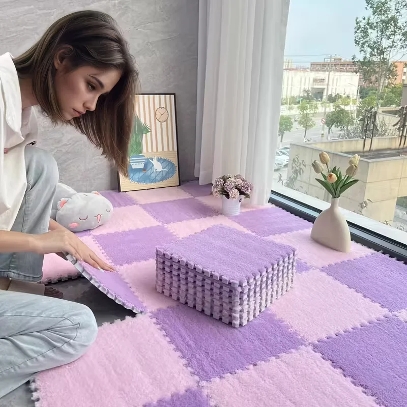 Soft Plush Foam Puzzle Mat Carpet Tiles for Living Room Bedroom Baby Play Area Non-Slip Interlocking Floor Rug Baby Play Mat