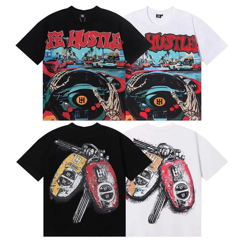 Street Fashion Brand Tee Skull Driver Casual Letter Logo Hot Stamping Original Label Cotton High-quality Life Hustlers Tee Tops