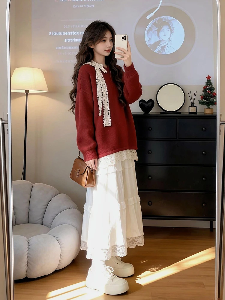 

Red Knitted Sweater And Lace Skirt Set plus Size Fashionable Spring Outfit Korean Style Warm Polyester Fabric Casual Wear