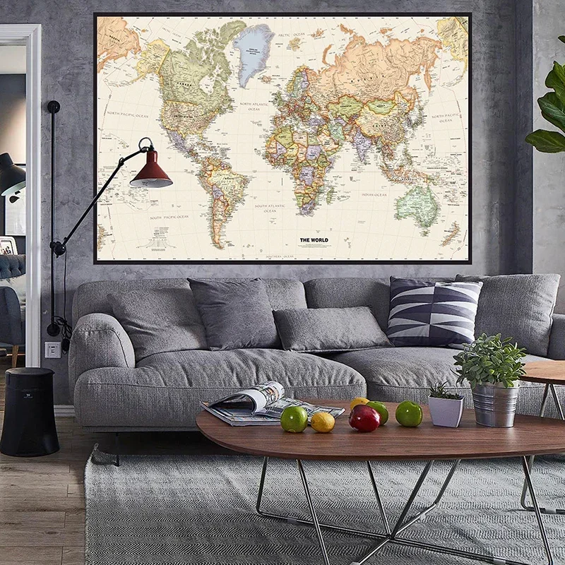 150x100cm Retro World Map Detailed Map of Major Cities In Each Country Non-woven Canvas Painting Living Room Home Decoration