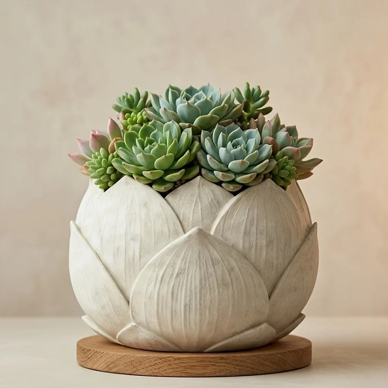 1pc Exquisite Creative Lotus Flower Shape Resin Flower Pot with Drain Hole, Window Sill Creative Succulent Flower Pot
