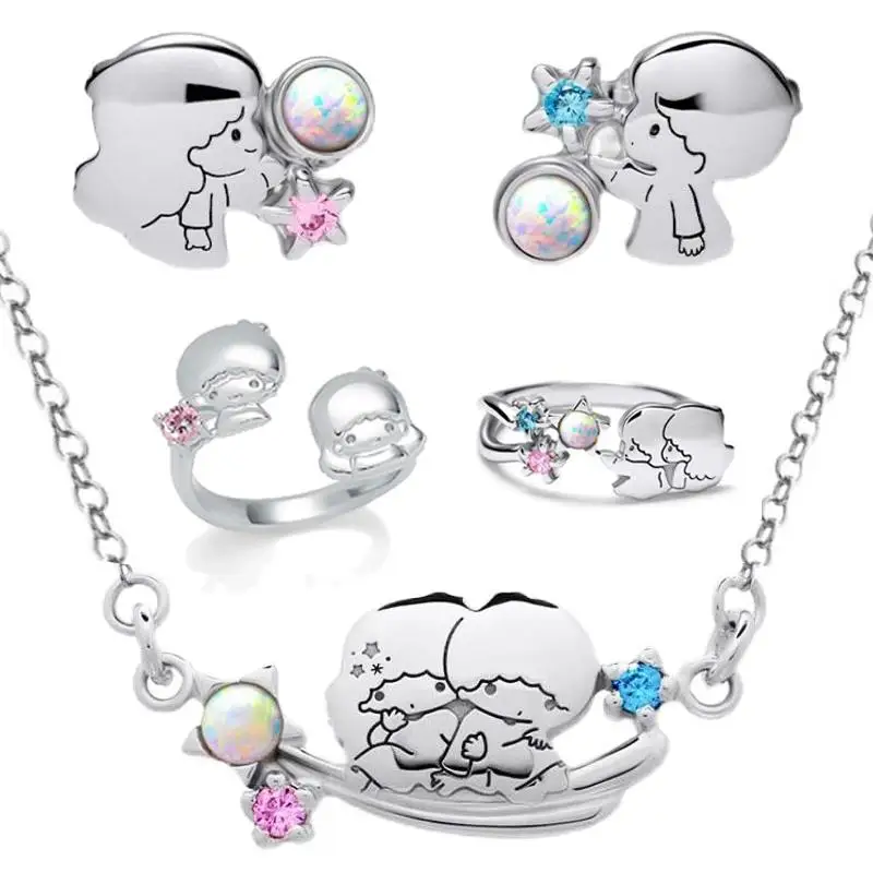 Kawaii Little Twin Stars Wishing Rings Sanrioed Silver Necklace Kikilala Meteor Star Fragment Earrings Bracelet Pendent Jewelry