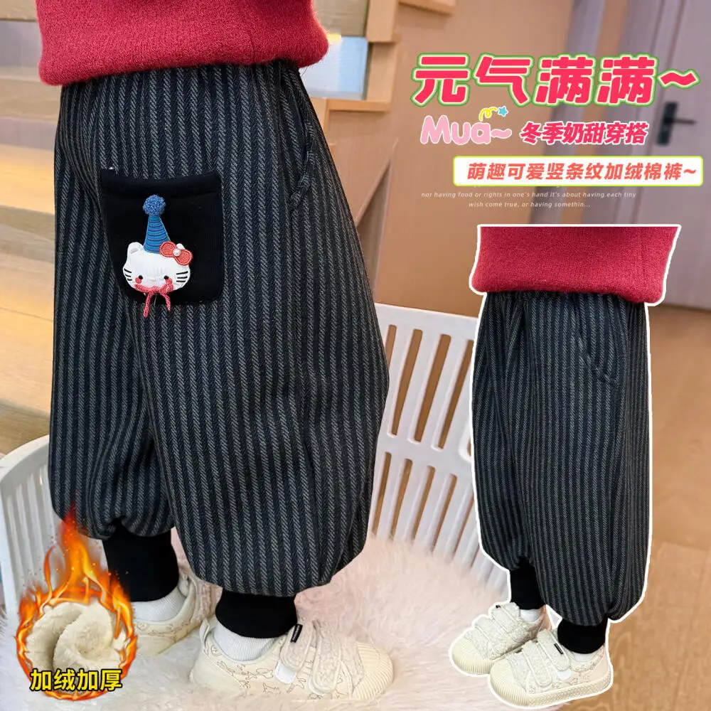 

Хлопковые штаны Sanrio Hello Kitty для девочек, зимние стильные детские леггинсы в полоску, зимние бархатные утепленные штаны для маленьких девочек