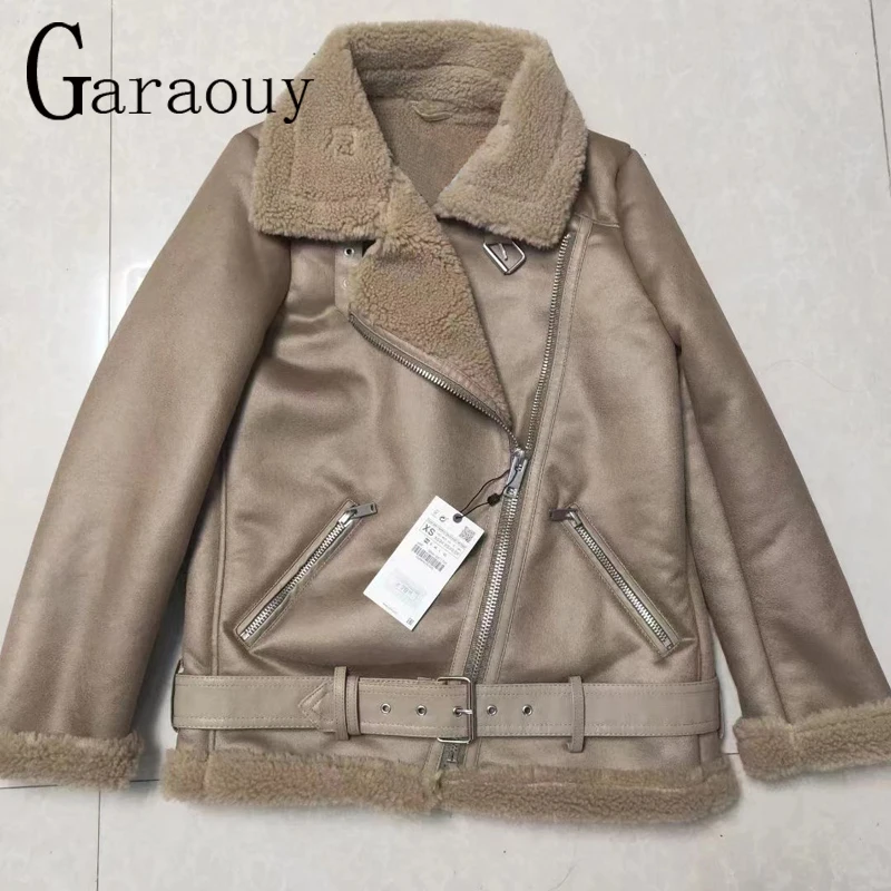 Garaouy 2023 Winter Woman New Thickened Motorcycle Jacket Female Vintage Warm Faux Suede Lambswool Coat Outwear Mujer Streetwear