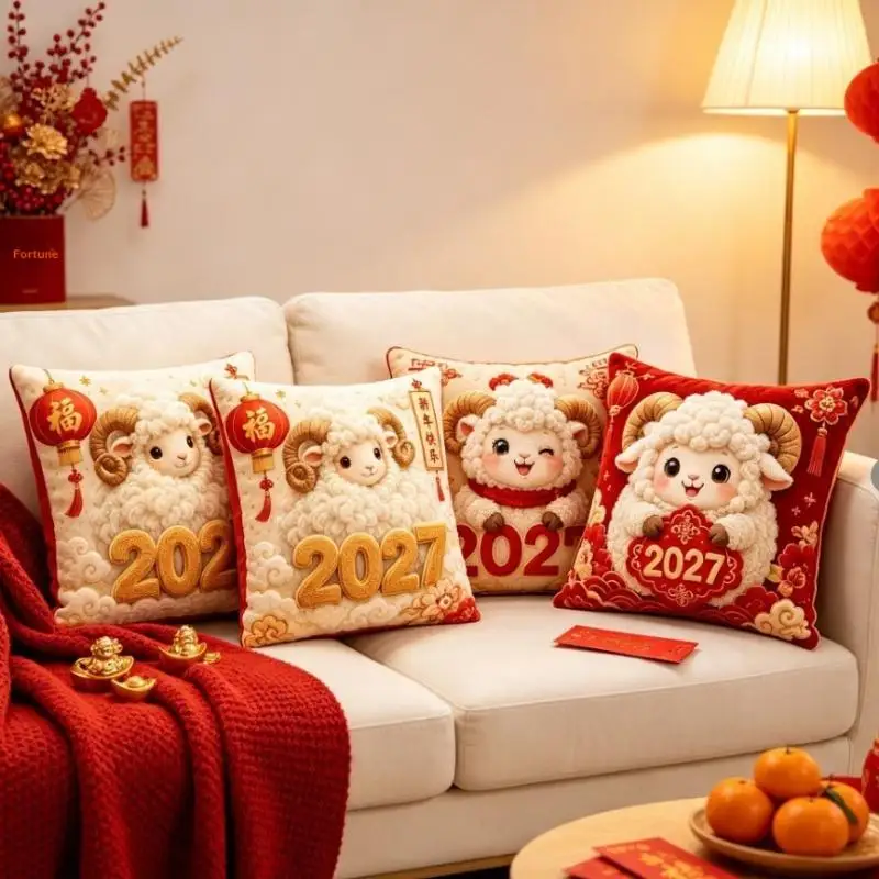 Chinese New Year 2027 Year Of Sheep Cushion Cover Goat Year Sofa Pillow Cover Mascot Sheep Lucky Spring Festival Home Ornament
