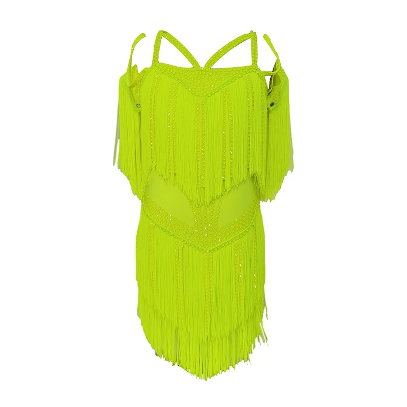 Fluorescent Yellow Latin Dress Girls Summer Fringe Dancing Dress Kids Professional Competition Costume Samba ChaCha Clothes 2646