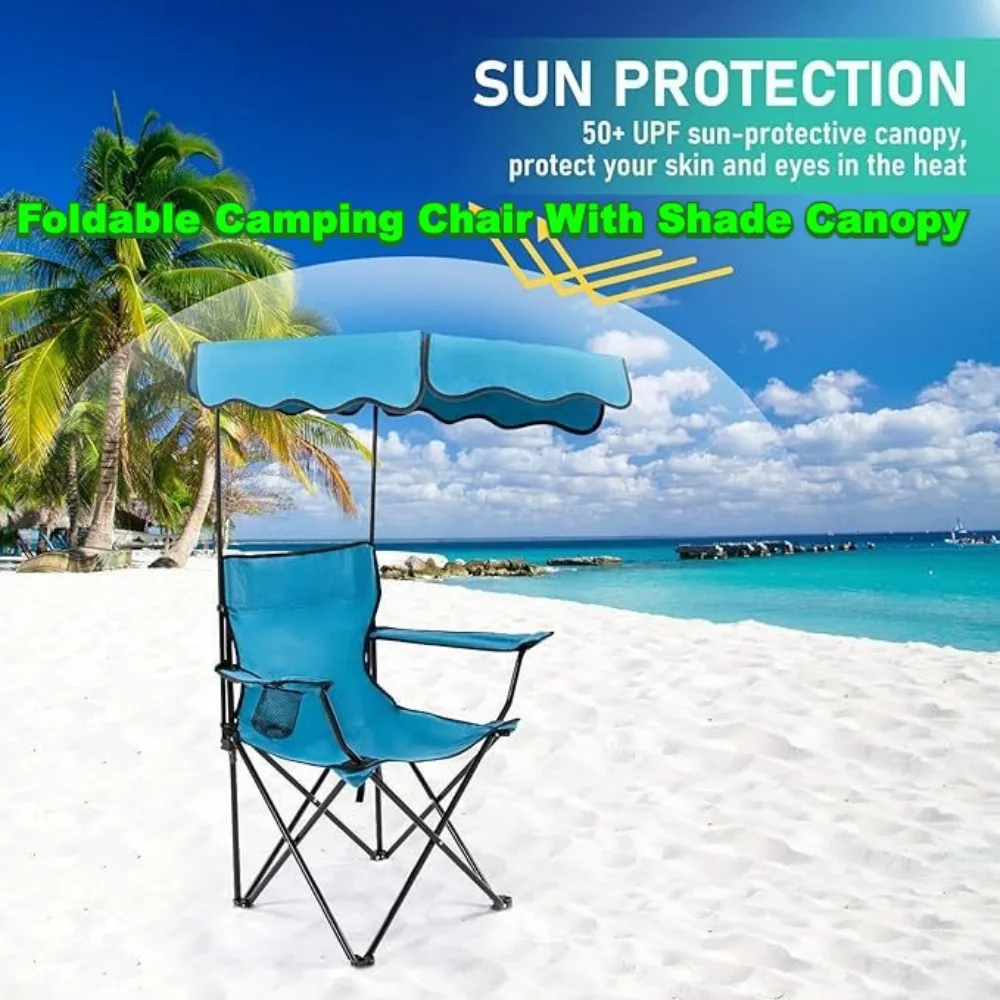 

Foldable Camping Chair with Shade Canopy Fishing Beach Chair Outdoor Chair with Handrail Recliner Chairs Sunscreen Furniture