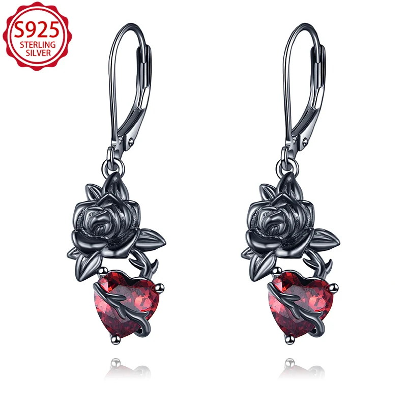 

925 Sterling Silver Gothic Rose Earrings - Red Heart CZ Drop Dangle Earrings for Women Halloween Party Birthday Jewelry Gifts