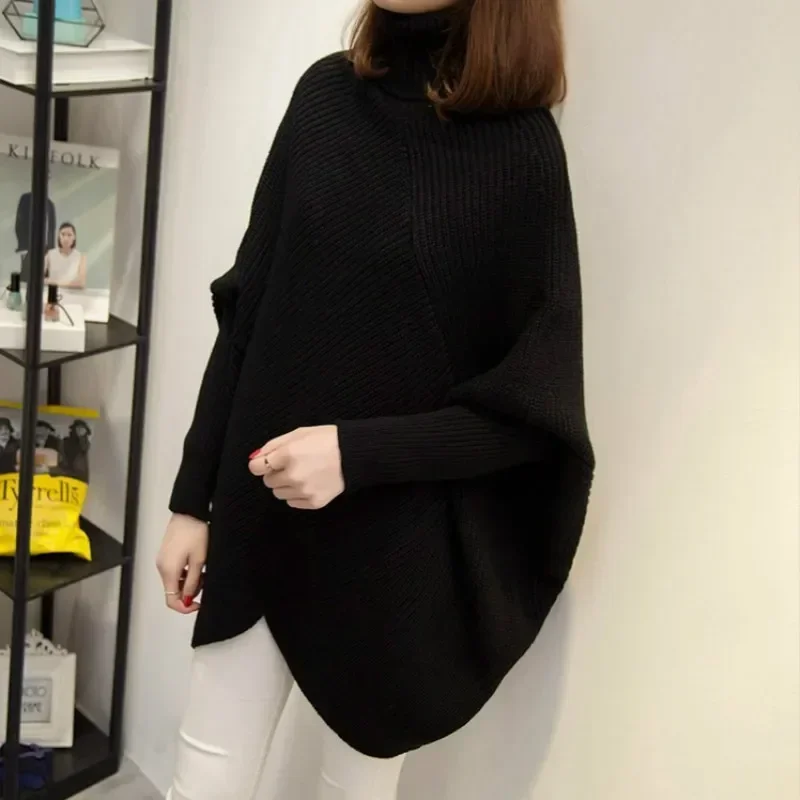 TPJB New Women Autumn Winter Burgundy Oversized Turtleneck Pullover Sweater Batwing Sleeve Knitted Jumpers Irregular Length