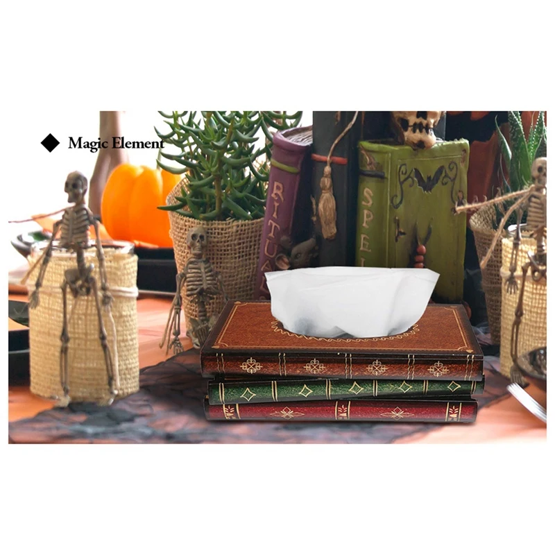 Caja de pañuelos de madera maciza con diseño de libros apilados Vintage, soporte Rectangular con parte superior con bisagras de fácil recarga, verde de aproximadamente 25,5x14,5x10,3 cm