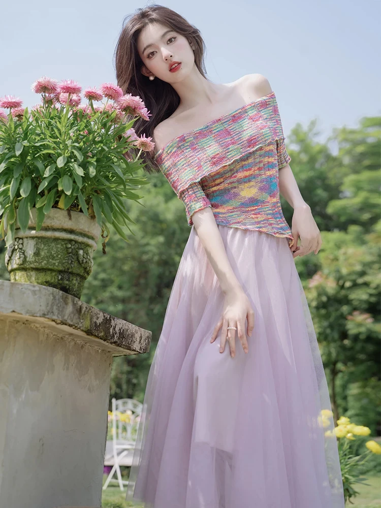 

Fairycore, весна-лето, женский элегантный комплект из 2 предметов, пастельный вязаный топ с вырезом на шее + сетчатая сказочная юбка миди, женский милый наряд для девочек