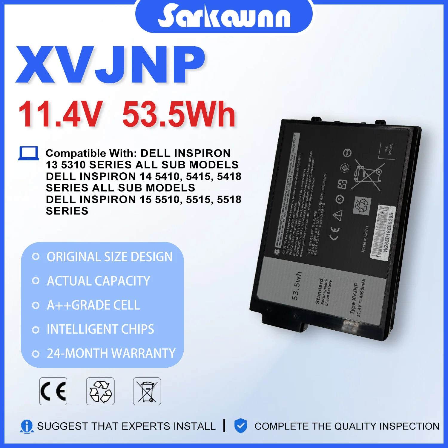 Аккумулятор для ноутбука SARKAWNN XVJNP J1KND 11.4V 53.5Wh для Dell Vostro 3400 3401 3402 3500 3501 3502; Inspiron 15 3501 3502 3505