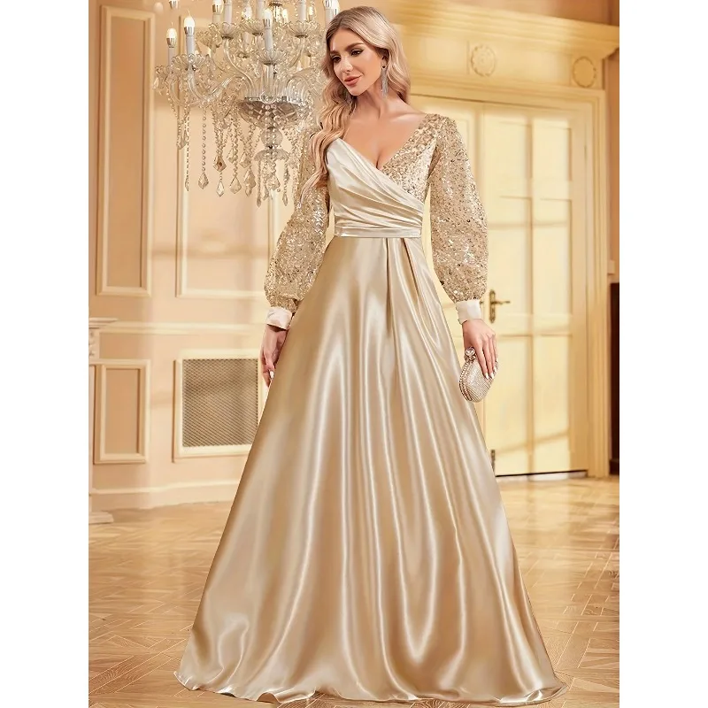 Dames luxe baljurk 2025, champagne pailletten avondjurk met lantaarnmouwen, feestjurk, vestidos de fiesta, op maat