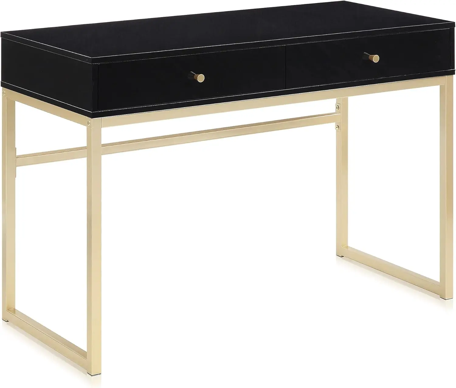 42 Inch Makeup Vanity or Home Office Desk for Bedroom, Black Wood Top with Gold Metal Frame, Two Storage Drawers