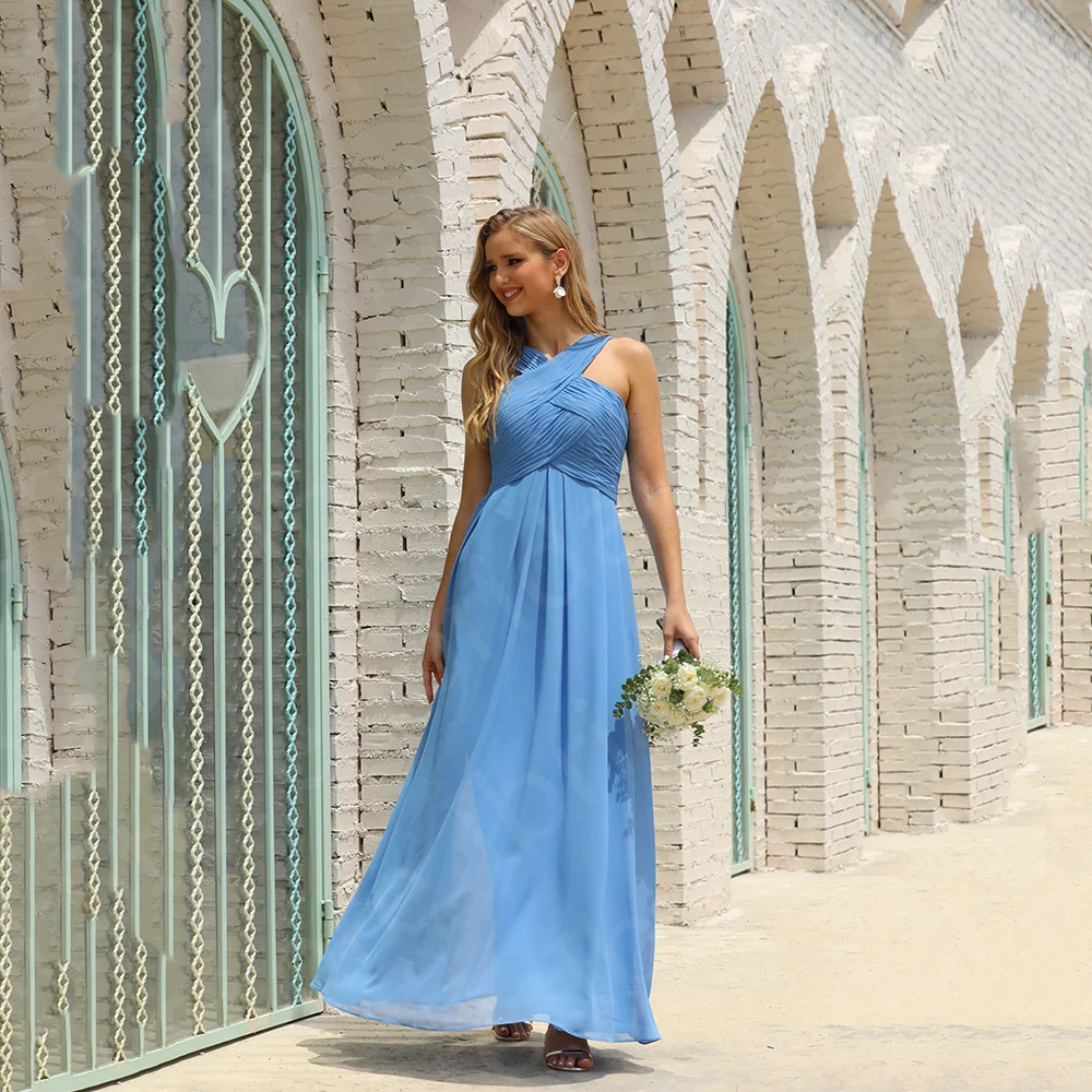 

Wholesale New Blue Mother of the Bride Dresses Long Chiffon Dress Sleeveless Wedding Guest Gowns Back Out Pleating Top