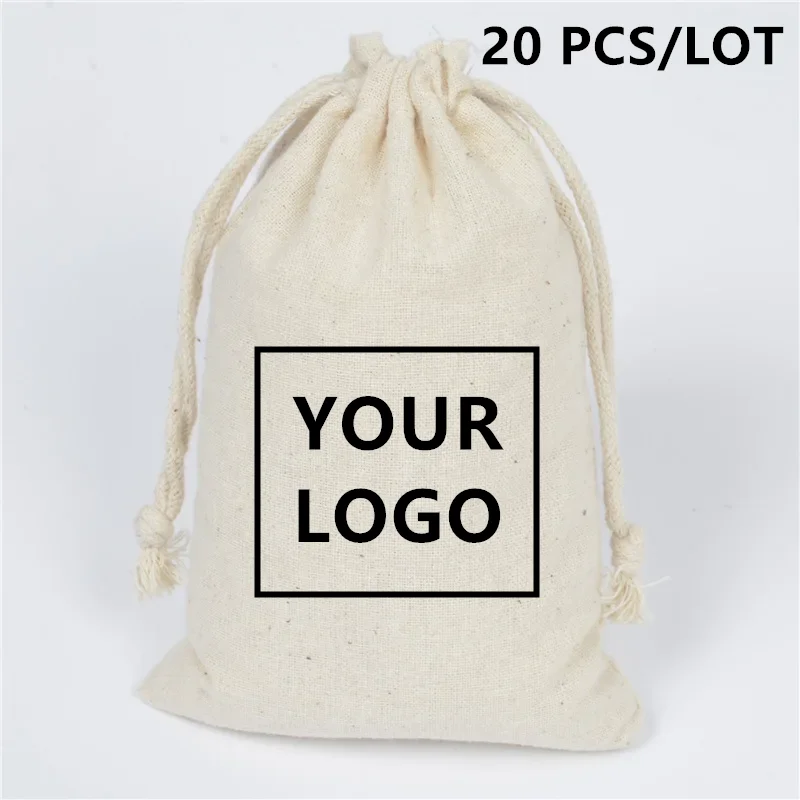 20 Pcs/Lot Logo Printing Cotton Drawstring Bags for Wedding Party Christmas Gift Package Personalized Design Custom Pouches