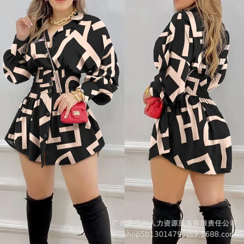 Spring Summer New Women\'s Clothing Black Turn-down Collar Waist Single-Breasted Shirt Dress