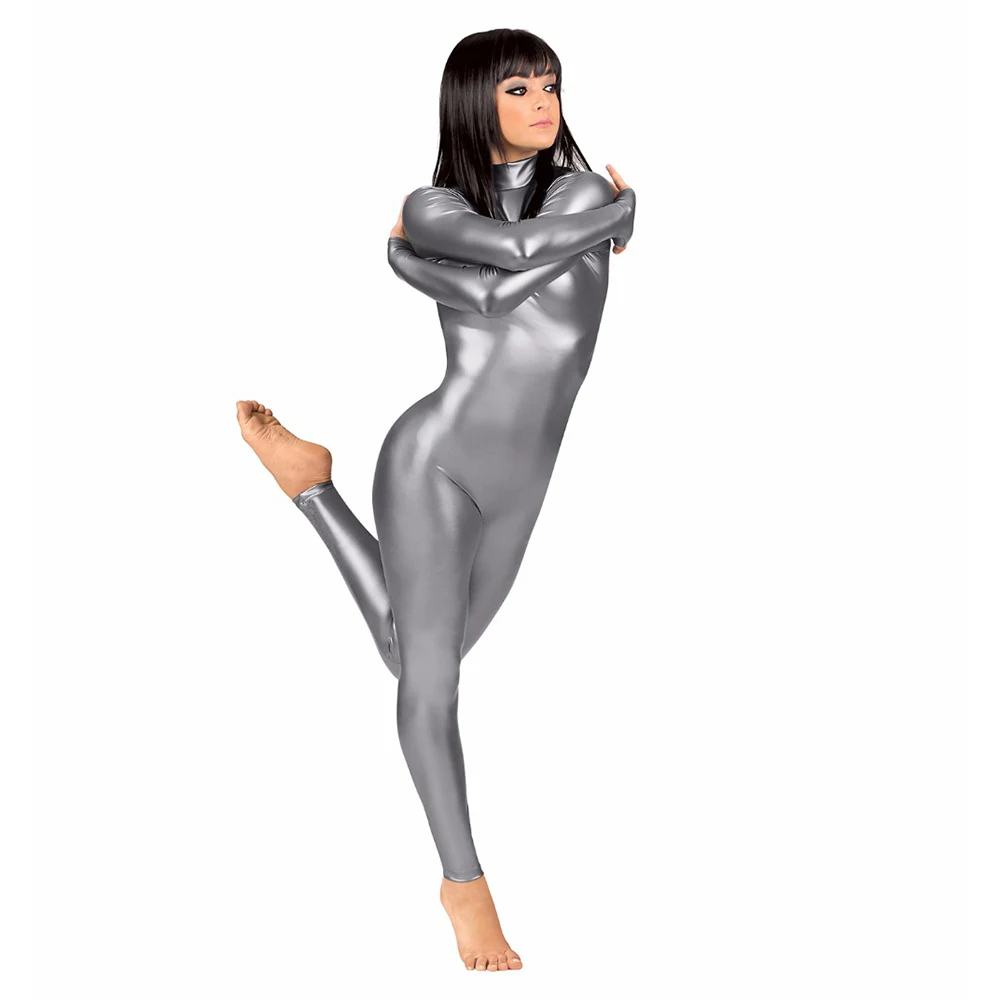 LZCMsoft Women Long Sleeve Metallic Unitards Adults Shiny Full Ballet Gymnastics Catsuits Dancewear Spandex Unitards Stage Show