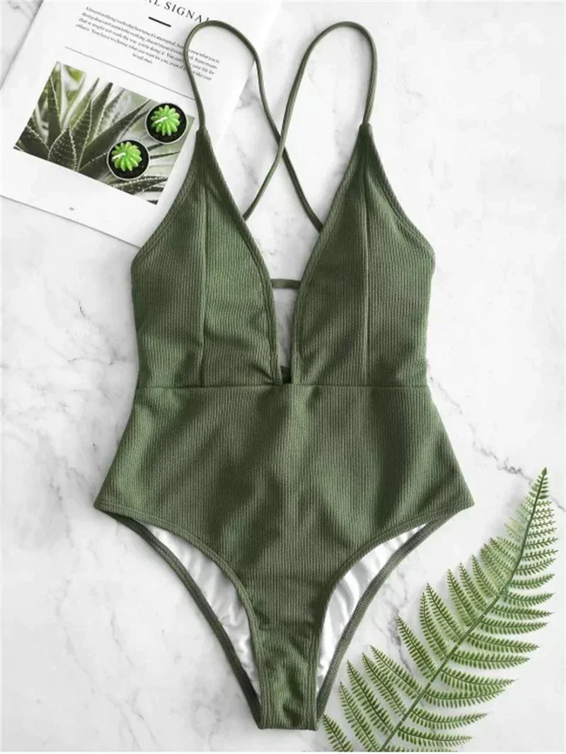 Sexy Solid Green Black Swimwear Women High Cut One Piece Swimsuit Backless High Waist Swim Suit Beach Bathing Suit Monokini 2024