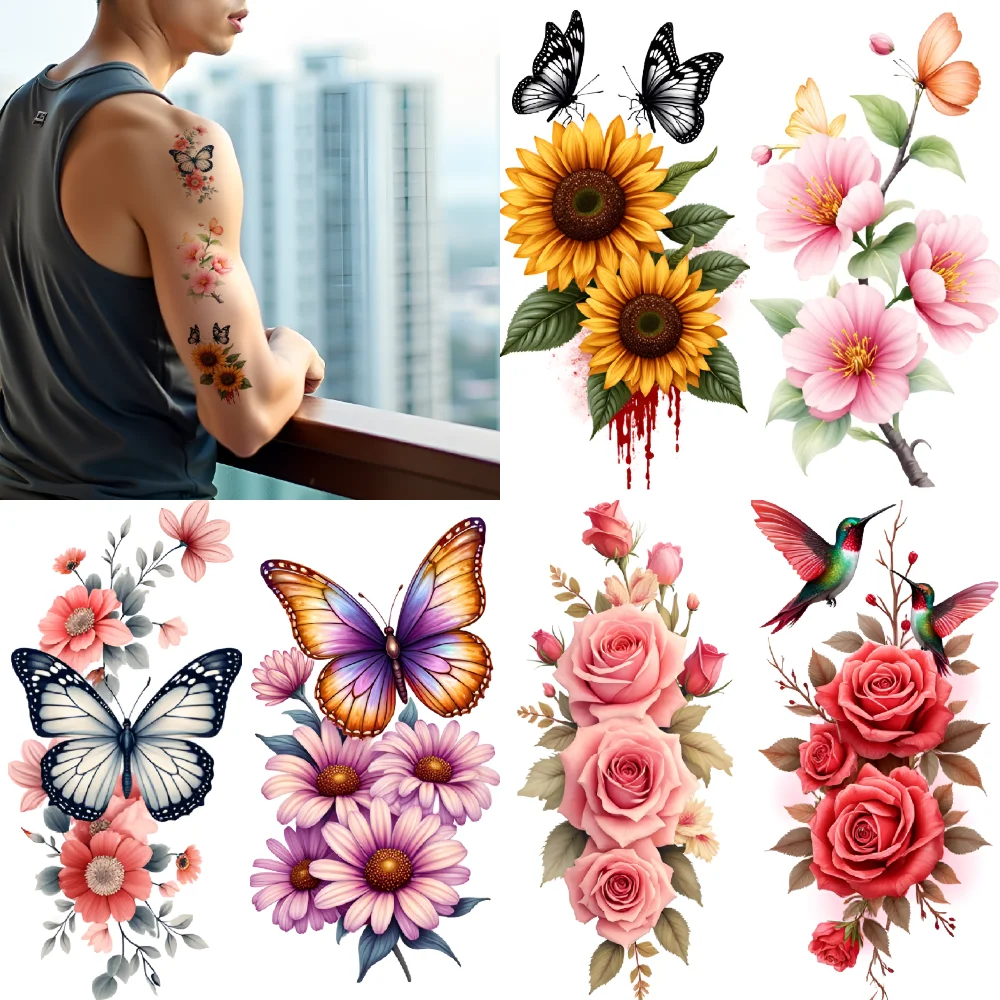 

9pcs Temporary Tattoo Hummingbird Colorful Lavender Lilies Waterproof Long-lasting Body Stickers Flowers For Back Shoulders