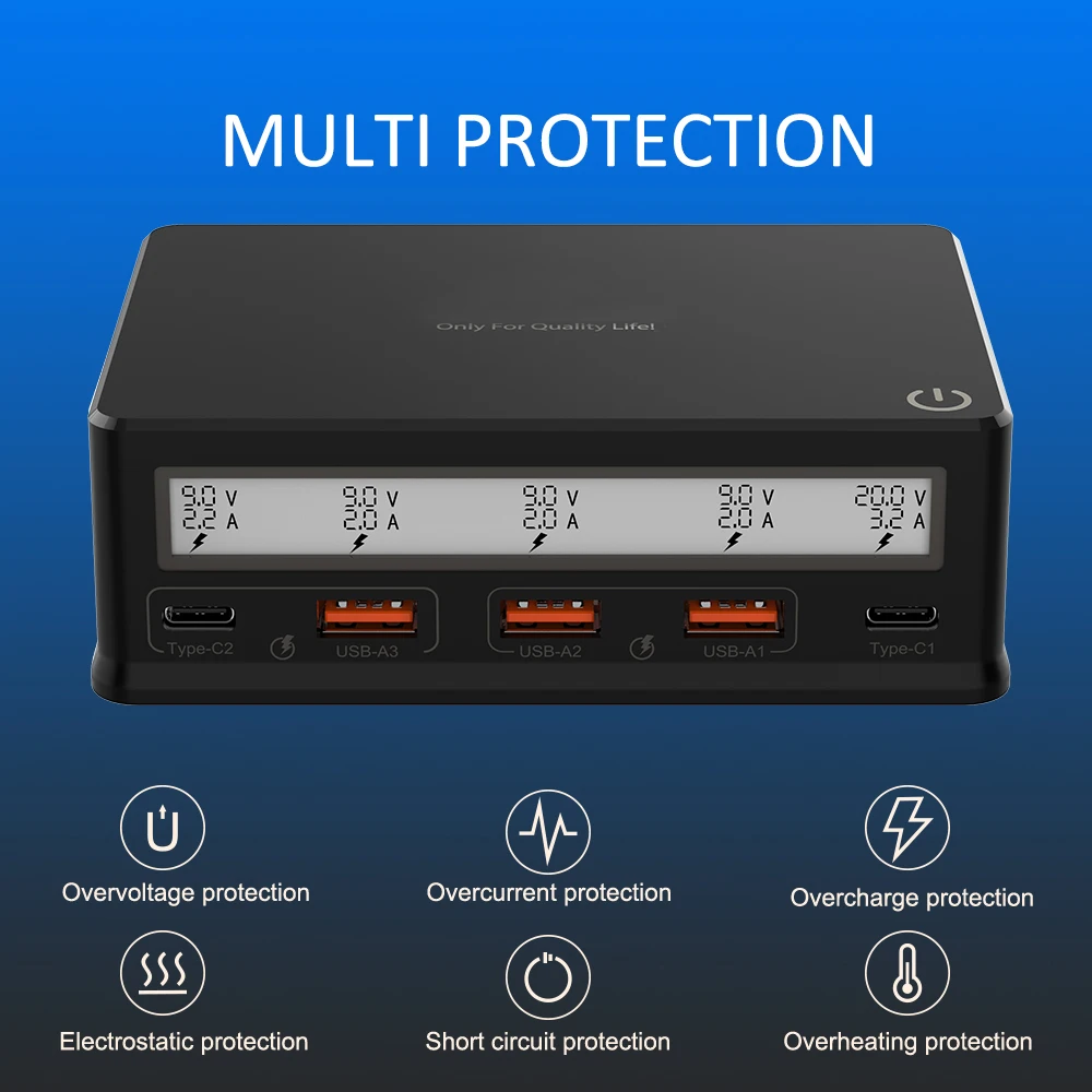 USB Wall Charger 110W 5-Port USB Charging Station Multi Port USB Hub Charger Compact Size LCD Display