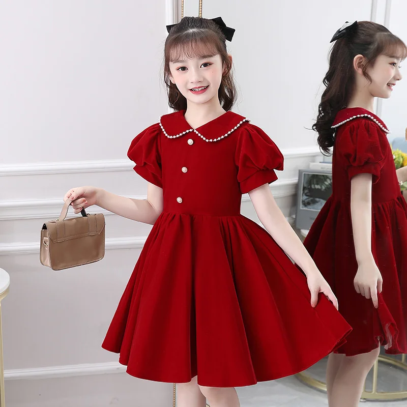 Korean girls' exotic velvet dress spring and summer 2022 small fragrance bubble sleeve children's red dress Princess Dress