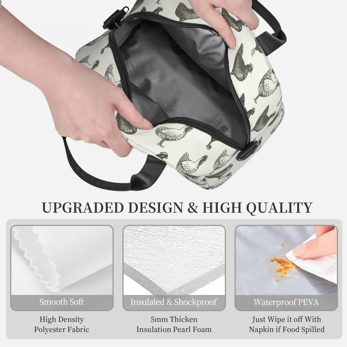 Farm Rooster Hen Large Thermal Insulated Lunch Bag With Adjustable Shoulder Strap Retro Farm Birds Portable Bento Lunch Boxes