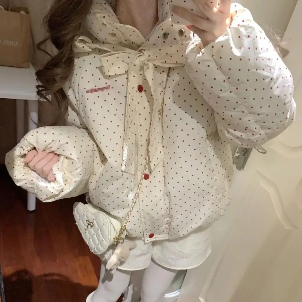 

Japan Polka Dot Bow Short Cotton Coat For Women In Winter New Sweet Style Cute Bread Coat Student Warm Cotton Coat