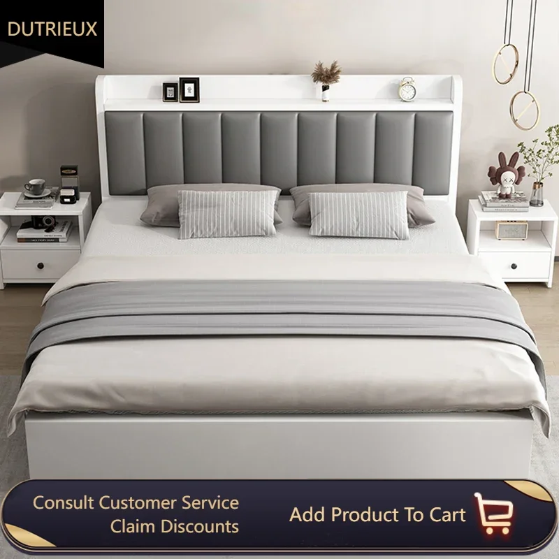 

American Modern Double Bed Frame Wood European Leather Comferter Luxury Queen Bed Bedroom Storage Cama De Casal Furniture Home