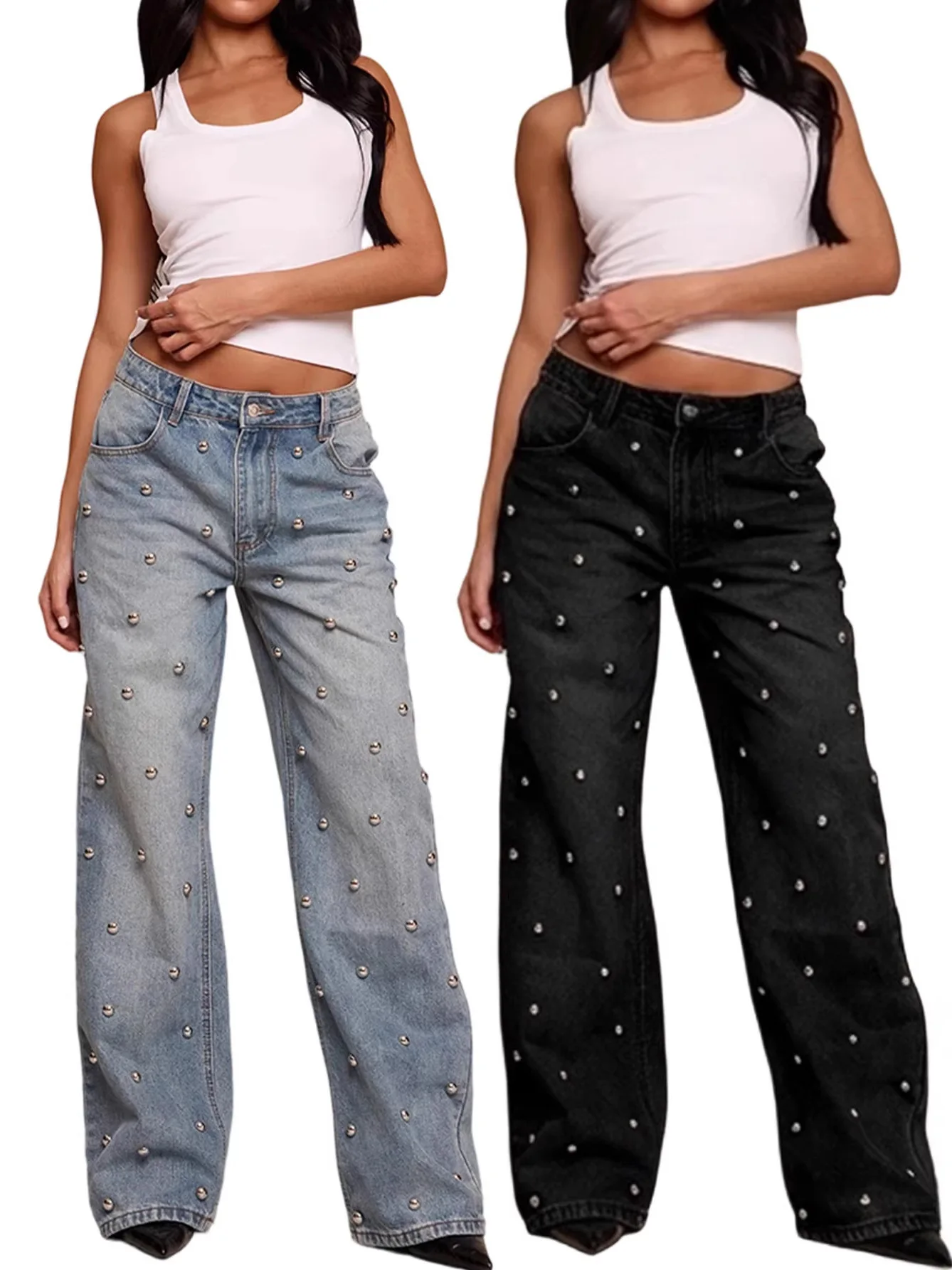 

High Waist Beaded Denim Jeans Women's Waed out Western Sle Straight Leg Long Pants Commute Sle Faion Trend