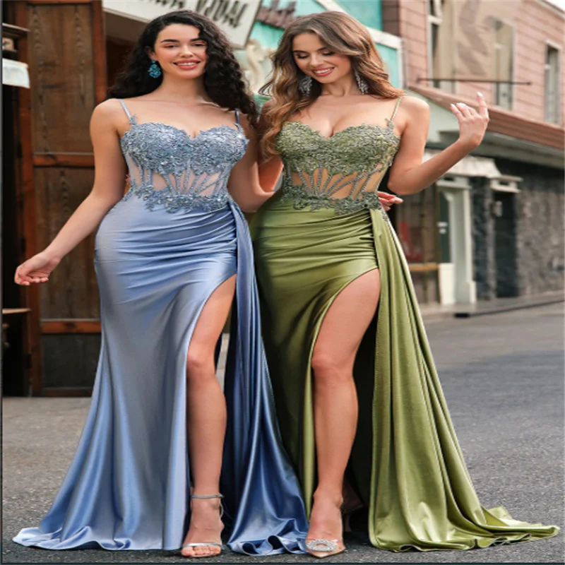 2025 Recién llegado, vestidos de noche sexis de horquilla alta para mujer, vestidos de fiesta de encaje lujosos de diseñador, vestidos largos elegantes para fiesta personalizados