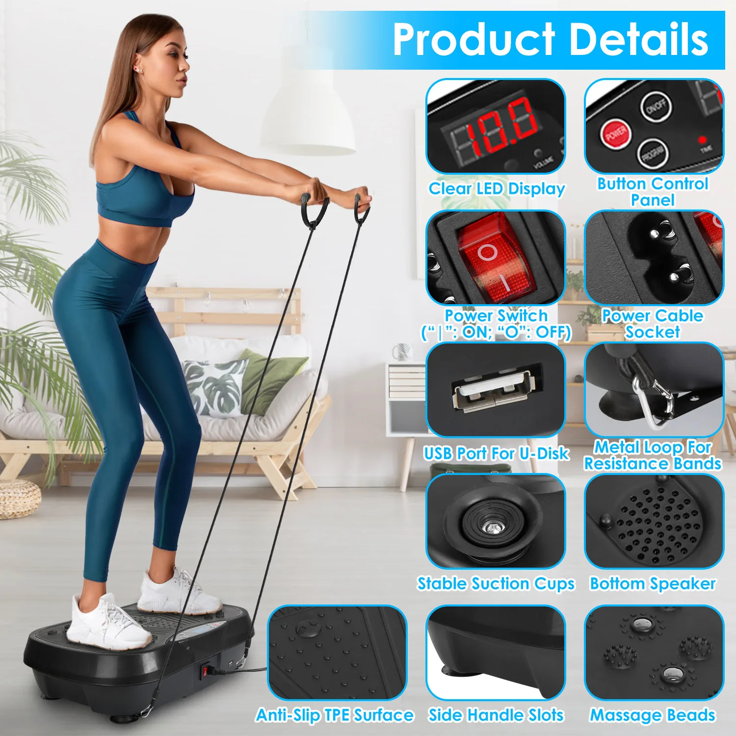 1Pc Vibration Exercise Machine Vibrating Plate Platform Whole Body Fitness Vibration Workout Equipment With 120 Speeds 1-20Mins Timer Resistant Bands Remote Control 330LBS Max Load