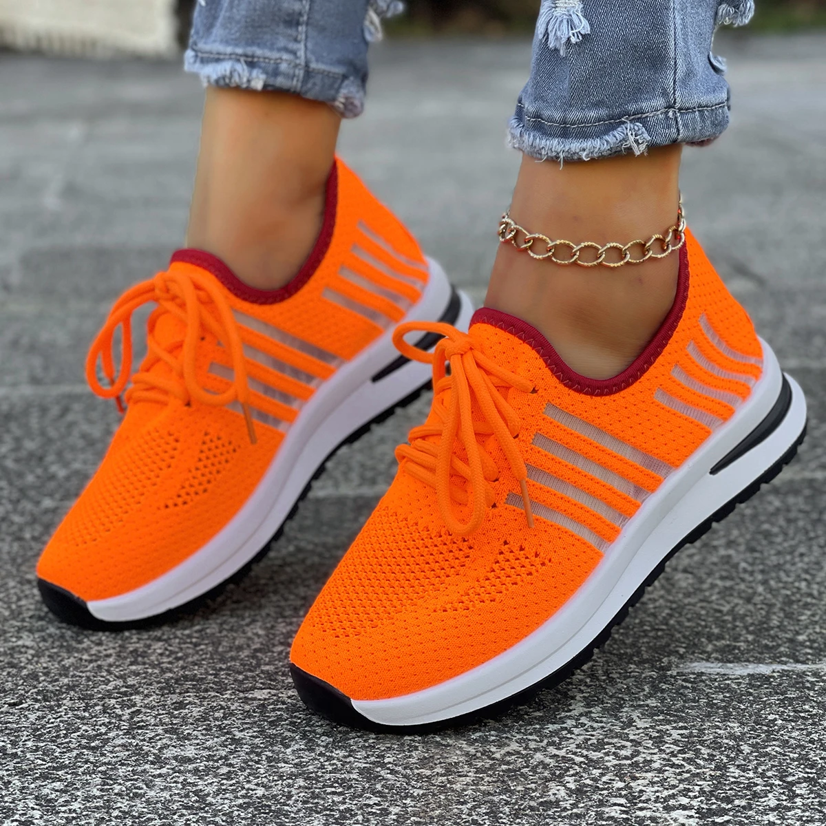 

Женские удобные дышащие кроссовки размера плюс, мягкая толстая подошва, нескользящая сетчатая обувь, женская летняя повседневная обувь на платформе со шнуровкой