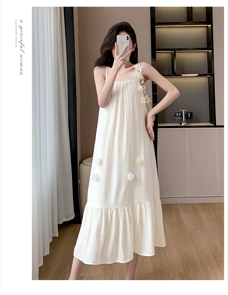 Summer Three-dimensional Flowers Embroidery Loose A-line Halter Dress Women Sleeveless Knee-length Beach Dresses Female