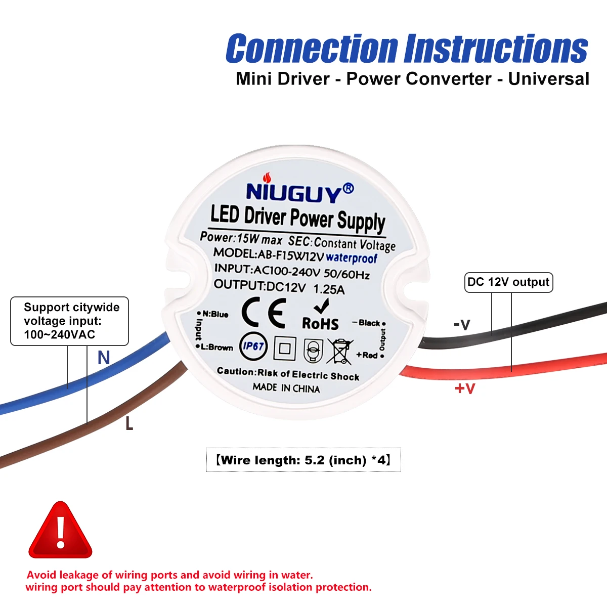 Transformadores impermeables, adaptador de corriente de 15W y 12V, minicontrolador LED IP67 para exteriores, CA 110-220V a cc 12V para tiras LED