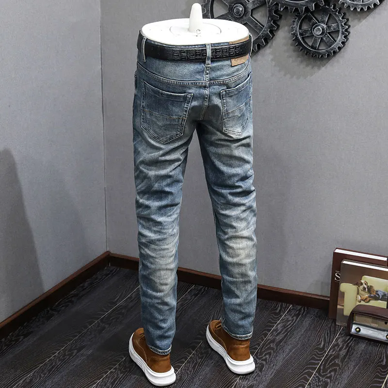 Italian Style Fashion Men Jeans Retro Washed Blue High Quality Stretch Slim Fit Ripped Jeans Men Vintage Designer Denim Pants