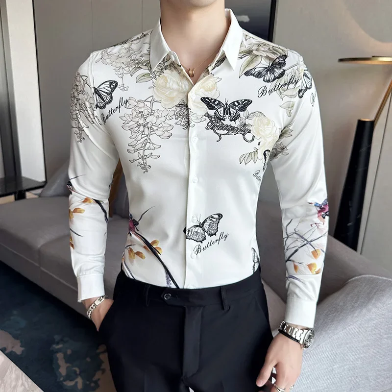 Plus Size Camisa Social Masculino De Manga Longa High Quality Elegant Butterfly Printed Lapel Korean Shirts for Men Streetwear