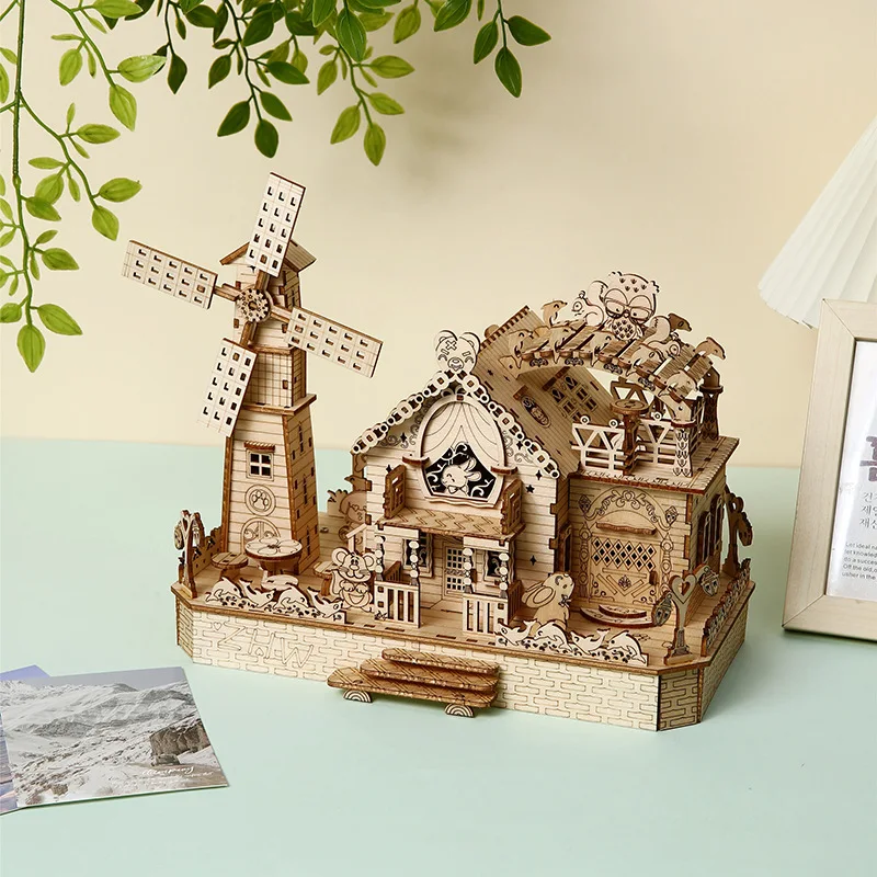 DIY 나무 풍차 동물 코티지 3D 퍼즐 소형 모델 키트 친구를위한 퍼즐 생일 선물