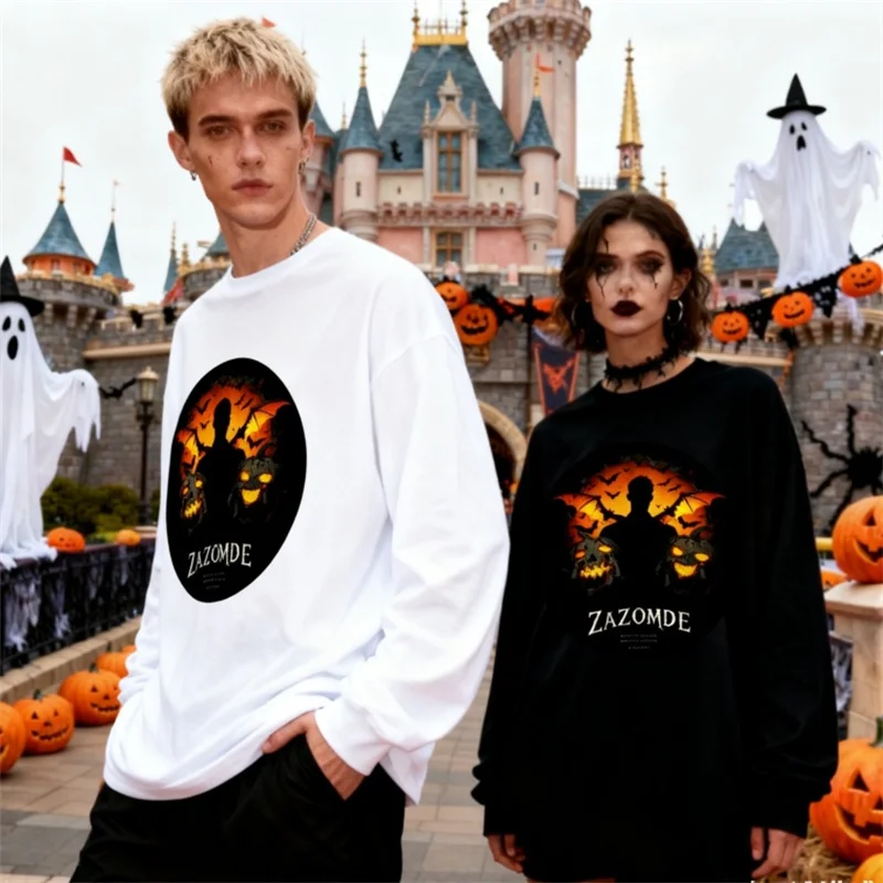 

ZAZOMDE забавная пара, одинаковая футболка на Хэллоуин, дизайн для влюбленных вампиров, мягкий хлопковый топ с длинными рукавами для жутких свиданий, ночных нарядов